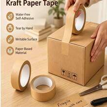 1 Roll Waterless High-Adhesion Kraft Paper Tape, Writable Hand-Tearable Masking Packing Tape, Kraft Paper Packaging Tape - , Waterproof Brown Coating, Strong Adhesion Suitable For Masking, Sealing And Premium Packaging, Natural Appearance - C-Brown - View 1