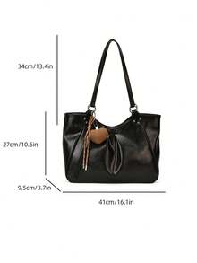 low tea 1pc Minimalist Fashion PU Fabric Shoulder Tote Bag, Suitable For Commuting, Shopping, Etc. (With Pendant) - Black - View 3