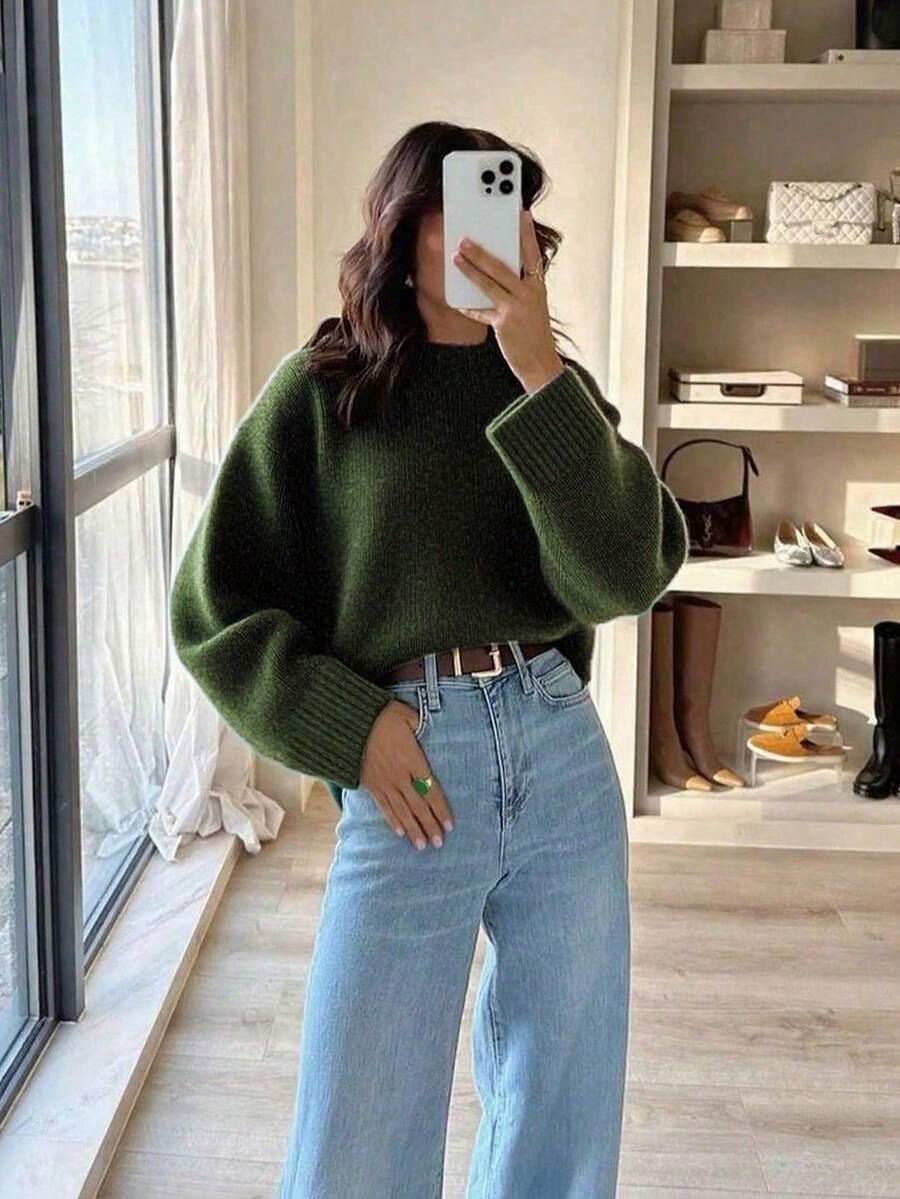 Grey Crew Neck Casual Knit Sweater For Women Fall - Army Green - View 1