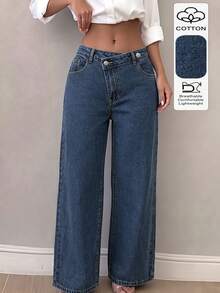 Asymmetrical Waistband Denim Jeans For Women, New Mid-Waist Design With Diagonal Buttons, Straight Leg Long Pants - Dark Wash - View 4