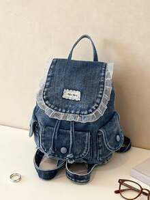 Retro Drawstring Drawstring Backpack, Embellished With Lace And Labels, Featuring Multiple Pockets, Suitable For Shopping, Dating And Daily Travel - Blue - View 13