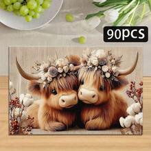 1/4/6pcs Autumn Series Floral Wreath Highland Cow Couple Pattern Printed Placemats, Heat Resistant Table Mats For Home Kitchen/Dining Table Protection, Kitchen Table Party Decor - Multicolor - View 16