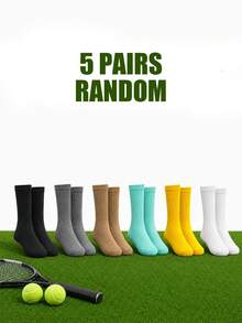 5 Pairs Random Women Solid Vertical Rib Crew Tennis Slouch Socks, MultiColor Ribbed Texture, High Stretch Cushion Wear‑Resistant Washable Ins American - Multicolor - View 8