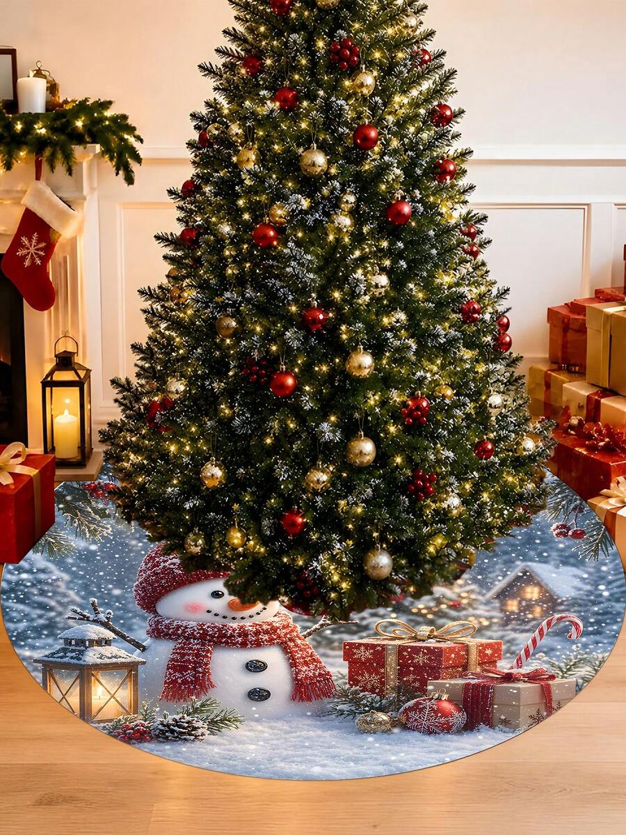 1/100Pcs Christmas Theme Christmas Tree Skirt, Printed With Red Knitted Hat Snowman Pattern, Featuring Pine Branches, Red Berries, Christmas Tree, Red And Gold Snowflake Gift Box Design, Round Base, Diameter 60/90CM Optional; Suitable For Winter Parties And Home Holiday Decoration, Ideal New Christmas Tree Accessory - Multicolor - View 1