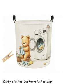 Multi-Functional Large Laundry Basket/Dirty Clothes Basket, Laundry Hampers Bags, Cute Laundry Bear Pattern - Foldable Circular Clothes Basket, Foldable Clothes Rack And Wooden Clothes Clips, Bedroom, Bathroom Storage Box, Wardrobe Organizer - Space-Saving Laundry Organizer, Laundry Storage And Organization, Suitable For Home And Travel, Applicable To Multiple Living Spaces, Casual Style Clothes Storage Box, Space-Saving Design - Multicolor - View 15