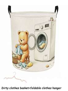 Multi-Functional Large Laundry Basket/Dirty Clothes Basket, Laundry Hampers Bags, Cute Laundry Bear Pattern - Foldable Circular Clothes Basket, Foldable Clothes Rack And Wooden Clothes Clips, Bedroom, Bathroom Storage Box, Wardrobe Organizer - Space-Saving Laundry Organizer, Laundry Storage And Organization, Suitable For Home And Travel, Applicable To Multiple Living Spaces, Casual Style Clothes Storage Box, Space-Saving Design - Multicolor - View 14