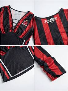 Women's Casual Milan Jersey Deep V-Neck Lace Up Slim Fit Long Sleeve Cropped Tops For Daily Fall&Winter,Going Out Tops,Cute Tops,Winter Fall Clothes - Red and Black - View 8