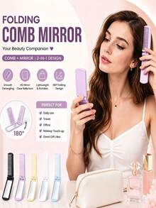 WANMEI 2‑In‑1 Folding Comb With Mirror, Portable Foldable Hair Comb Mirror, Travel Detangling Hair Comb, Lightweight Pocket Hair Comb For Halloween Back To School Daily Makeup Hairstyle Touch‑Up - Multicolor - View 1
