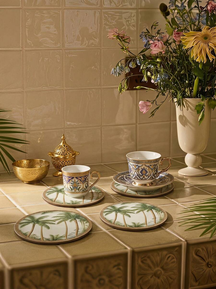 Cirelle قواعد أكواب دائرية بطبعة نخلة استوائية، 1/4/8/12 قطعة، قواعد أكواب بطبعة نخلة جوز الهند بحواف من الراتان العتيق، ديكور لطاولة الطعام، هدايا الحفلات، ديكور طاولة الطعام - متعدد الألوان - مشاهدة 1