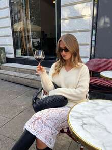 Women's Ribbed Knit V-Neck Long Sleeve Regular Fit Sweater, Autumn/Winter Fashion Top - Apricot - View 5