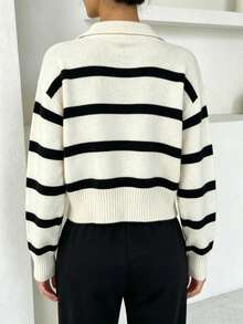 Jersey corto de rayas,ropa de otoño para mujer, suéter de punto de manga larga con cuello de solapa, contraste de color a rayas, casual, vuelta al colegio en blanco, - Blanco - Ver 3