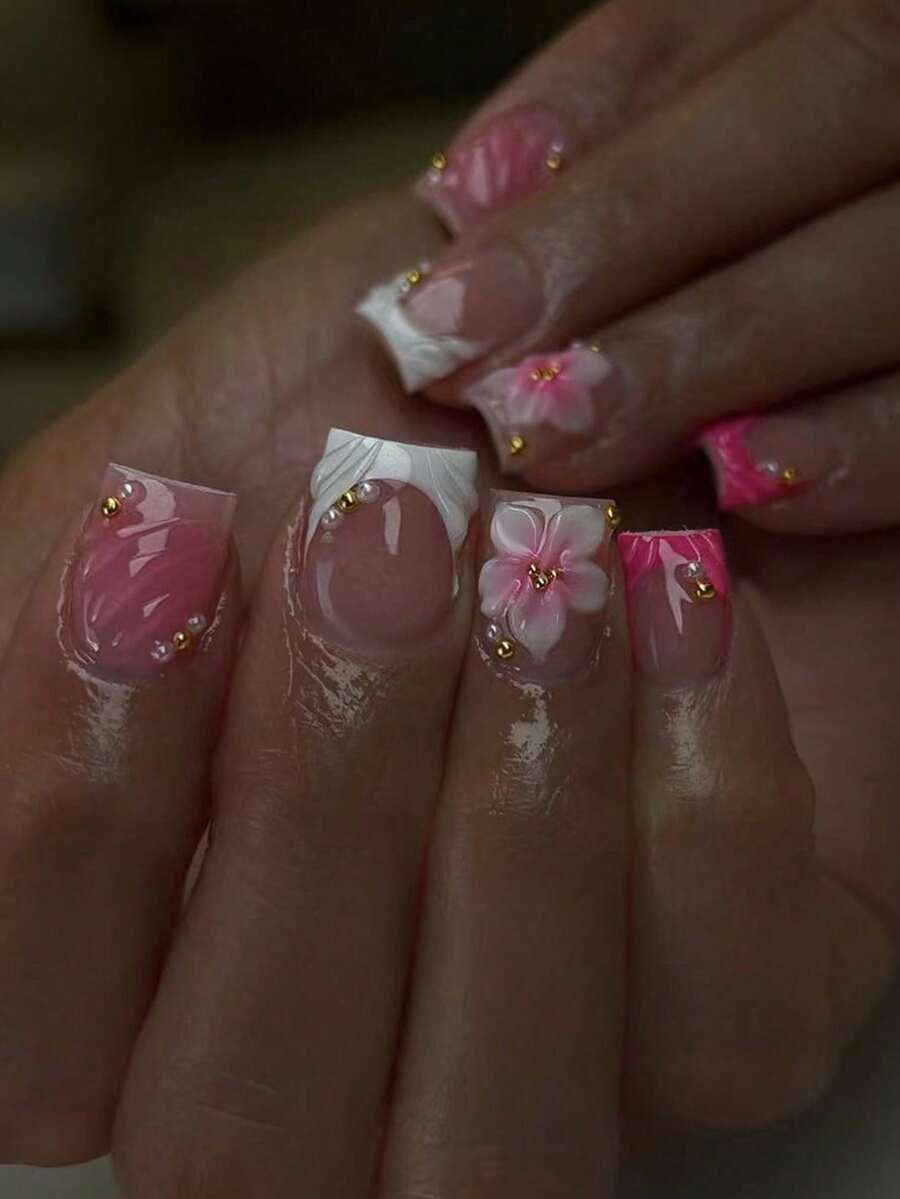 Short Square White & Pink French Tip Press-On Nails, Easy To Wear Acrylic False Nails Set For Women's Daily And Party Manicure - Multicolor - View 1