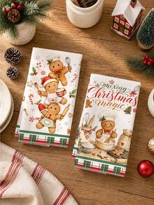 2pcs Cute Gingerbread Man Cooking Christmas Happy Pattern Kitchen Towels, Soft Polyester Material Dish Cloths, Suitable For Kitchen Decor, Kitchen Cleaning, Holiday Party Decoration, Kitchen Bathroom Supplies Home Essentials, Home Decor, Housewarming Gift - Multicolor - View 5