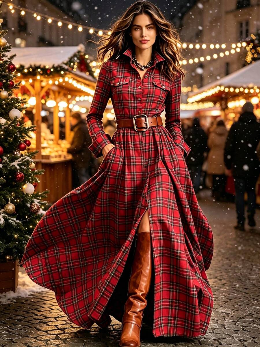 Women's Autumn/Winter Fashion Multi-Color Plaid Vintage Long Dress - Red - View 1