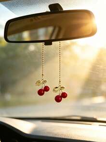 1pc Gold Leaf Cherry Pendant Car Rearview Mirror Hanging Decoration, Car Interior Decor, Car Accessory - A - View 1