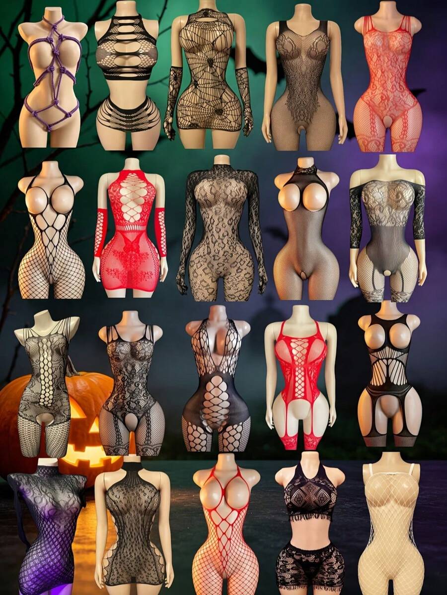 5pcs/Set Multi-Color Fishnet Bodysuits, 20 Random Combinations, Super Elastic Lingerie Perfect Fit For Curves, Versatile And Practical, Suitable For Romantic Dates, Halloween And Other Special Occasions - Multicolor - View 1