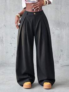 Knot & Curve Women's Long Pants Spring/Summer High Waist Multi-Pleated Design Straight Leg Pants Drape Anti-Wrinkle Metal Button Loose Wide Leg Floor-Length Dress Pants - Black - View 2