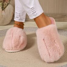 Women's Autumn/Winter Milk Tea Color Split Toe Pig-Hoof Closed-Toe Fuzzy Slippers, Soft Thick Faux Rabbit Fur Mule Flat Non-Slip Slouchy Slip-On Slippers, Indoor Warm Thermal Slippers For Home/Dorm, Simple Solid Color Versatile Casual Shoes For Outdoor Wear - Pink - View 5