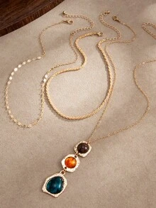 3pcs Vintage Retro Ins Style Fashion Elegant Geometric Tassel Pendant Necklace, Layered Inlaid Tie Dye Gemstone Jewelry - Multicolor - View 4