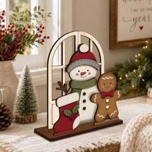 1PC Christmas Party Centerpiece, Arch Window Frame Snowman And Gingerbread Man With Socks Design, Rustic Farmhouse Wooden Sign, Christmas Holiday Tabletop Decor, For Christmas Home Dining Table Display - A - View 6