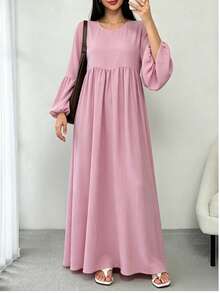 Solid Color Loose Fit Pleated Abaya, Bell Sleeve Round Neck Elegant Islamic Long Dress, Suitable For Middle Eastern Women's Daily Home Wear - Multicolor - View 12