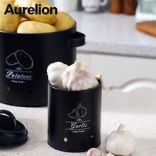 Aurelion 3 PiecesMatte Black Metal Vegetable Storage Canister Set, Potato Onion Garlic Keeper With Lid & Handle, Ventilated Kitchen Countertop Food Storage Bins - Black - View 9