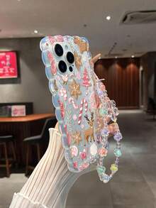Christmas Painted Twisted Wave Edge Transparent Phone Case With Attached Bracelet, Printed Anti-Drop Fashion Cute Design For IPhone 17/17 Pro/17 Pro Max/16/16 Pro/16 Pro Max/16 Plus/14/15, 10 Cases, Thickened Soft Full Coverage Creative Protective Shell - Multicolor - View 5