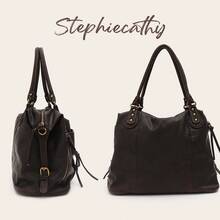 STEPHIECATHY 哥德龐克街頭風女款復古做舊軟 PU 素色斜挎包，大容量通勤包可放 13 吋筆電，多口袋休閒日常旅行學院風 - 咖啡 - 查看 6