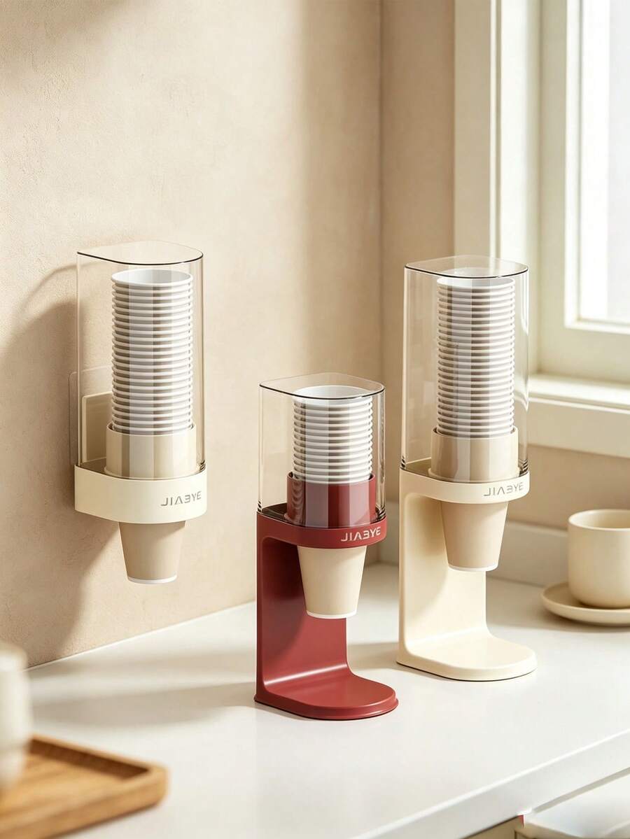 1pc Wall Mount Disposable Cup Dispenser, Punch-Free Paper Cup Holder With Transparent Dust Cover, Automatic Drop Design, Space Saving Cup Storage Rack For Kitchen, Office, Water Dispenser Area, Keep Paper Cups Clean And Tidy