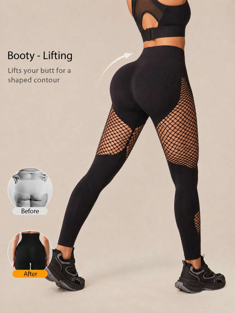 Women's Black High Waist Butt Lifting Yoga Leggings, Diamond Cutout Design, Suitable For Running And Gym, Daily Wear Autumn Outfit, Halloweencostume - Black - View 1