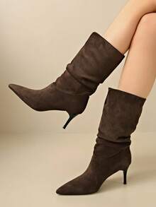 Women's 2026 New Autumn Pointed Toe Maillard Mid-Calf Western Slouch High Heel Boots - Chocolate Brown - View 3