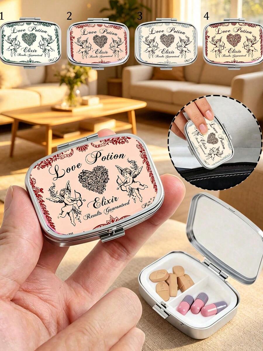 Vintage Angel Print Storage Box – Square Pill Case With Portable Compartmts; Suitable For Daily Meds, Vitamins, And Emergency Kits. - Multicolor - View 1