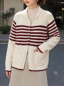 Women's Autumn Casual Minimalist Polka Dot Pattern 2 In 1 Knit Cardigan Jacket - Red and White - View 5