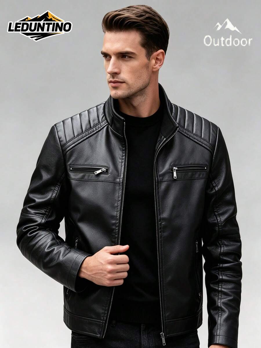 LEDUNTINO Men's Fashion Zipper Cardigan Casual Motorcycle Leather Jacket, Sporty Style, Solid Color, Aviator Jacket, Stand Collar, Spring/Autumn Outdoor Motorcycle Jacket - Black - View 1