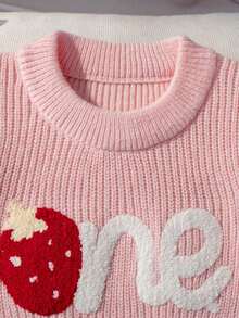 Girls' Cute Strawberry Letter Embroidered Knit Pullover Sweater, Long Sleeve, Suitable For Casual Daily Wear In Spring, Autumn And Winter - Pink - View 5