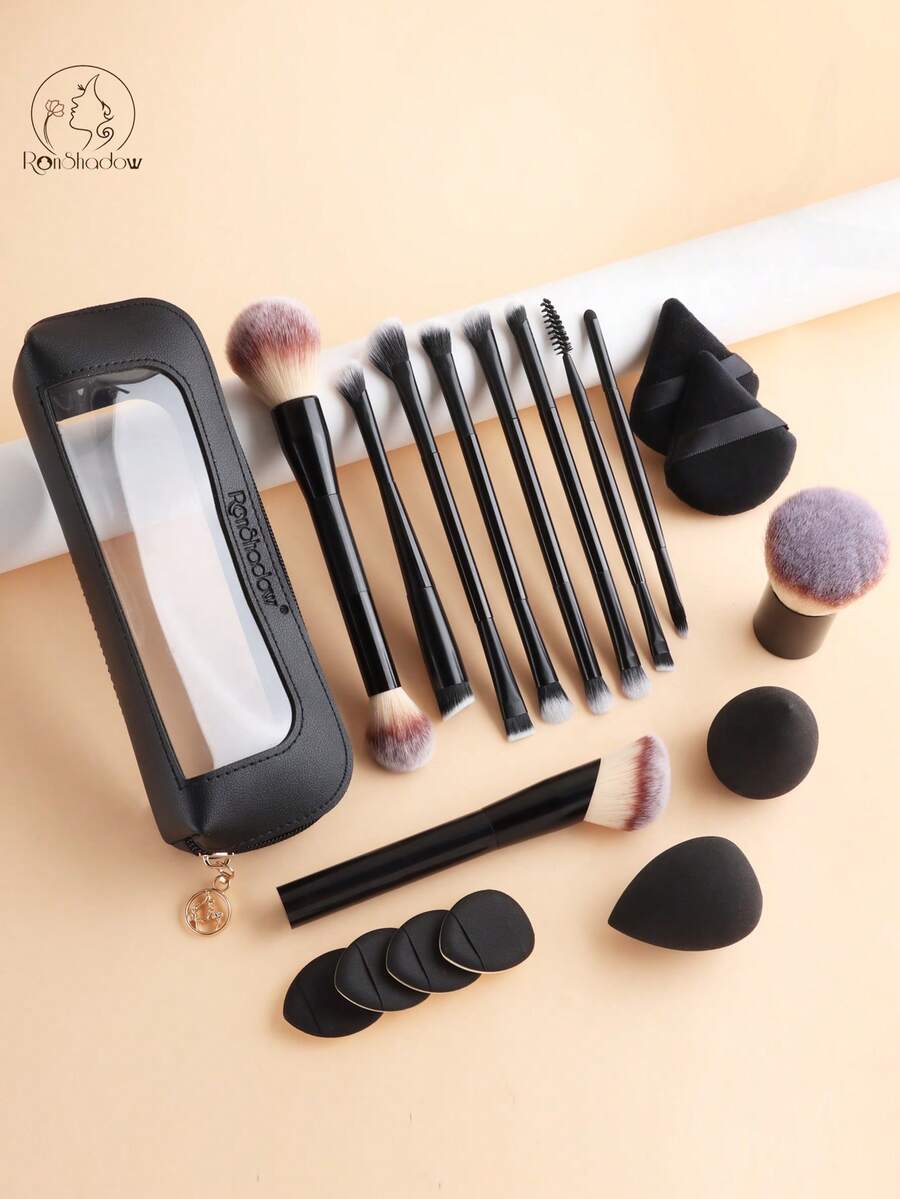 19pcs Makeup Tool Set Including 10 Soft Bristle Makeup Brushes & 1 Storage Bag & 2 Makeup Sponges & 2 Triangle Powder Puffs & 4 Finger Powder Puffs Suitable For Students Daily Use And Short Trips Touch-Up - Multicolor - View 1