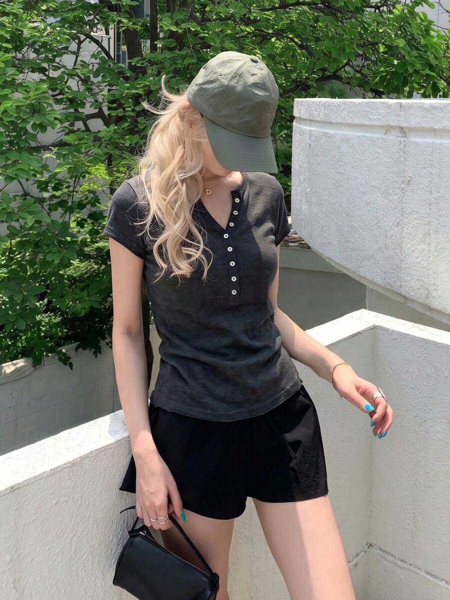 Korean Style Solid Color Button V-Neck Short Sleeve T-Shirt - Grey - View 1