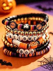 7pcs/Set Halloween Pumpkin Decor With CCB Gold Beads Soft Clay Bracelet, Punk Gothic Style Women's Hand Jewelry, Suitable For Halloween Wear, Soft Clay Quantity And Color Arrangement Are Random - Multicolor - View 3