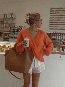 Fall/Winter Vintage Women's Twisted Knot Backless Sweater , Suitable For Daily ,Halloween Casual Dating, Christmas ,Night Reversible Front And Back - Orange - View 4