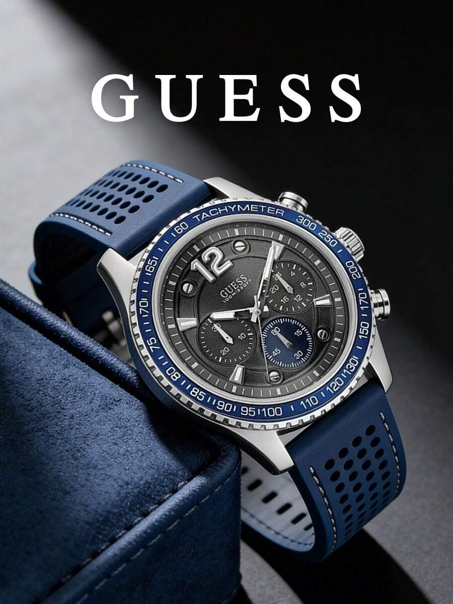 GUESS W0971G2 男士賽車風手錶，計速圈錶盤，計時碼表面，藍色穿孔矽膠錶帶，100米防水休閒腕錶 - W0971G2 - 查看 1