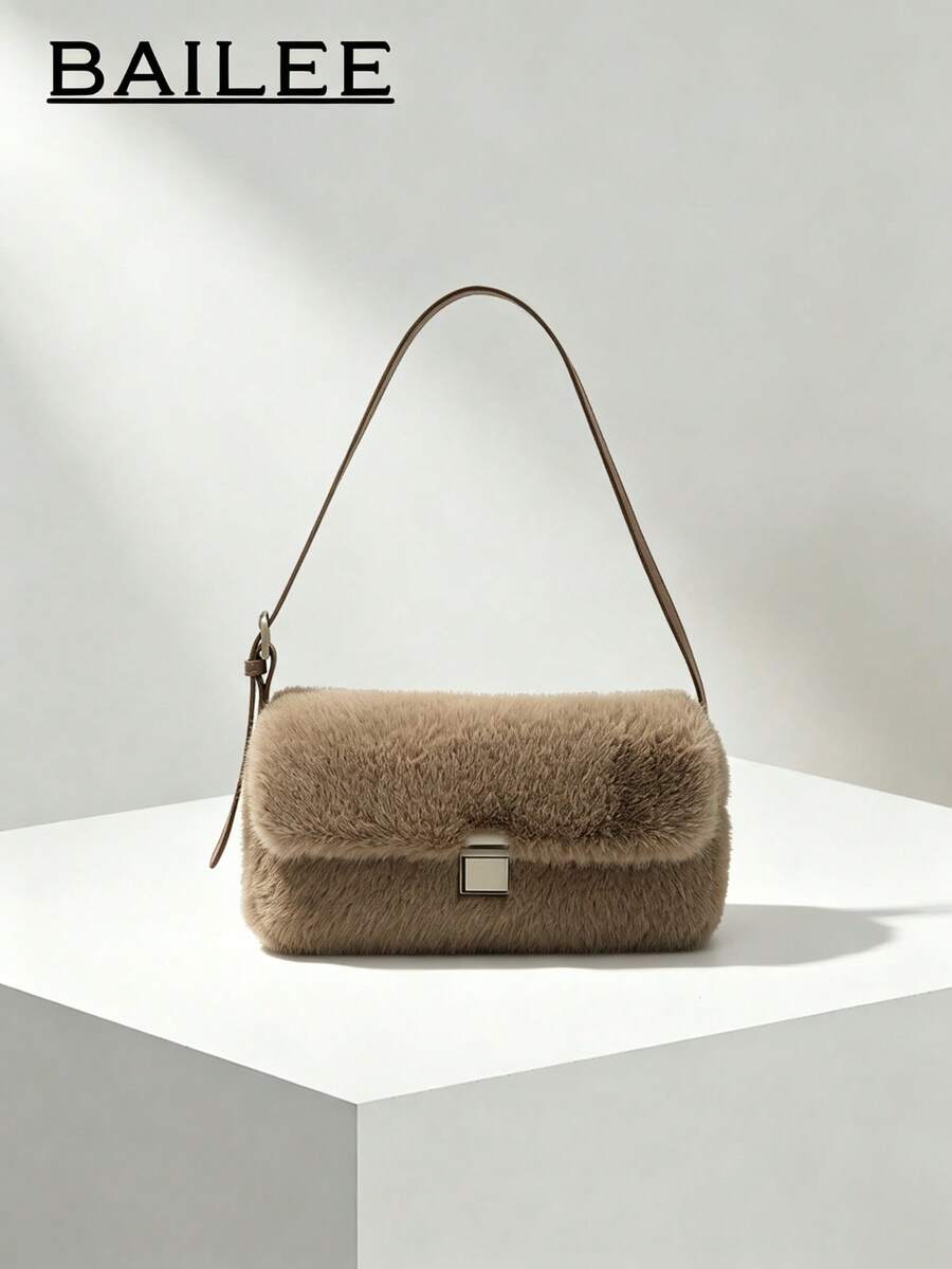 BAILEE A And Avant-Garde Faux Fur Shoulder Bag With A Flip-Cover Zipper Closure, Ideal For Outfit Coordination And A Preferred Gift Option.