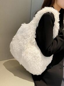 Autumn/Winter New Solid Color Long Fur Vest Style Tote Bag, Soft & Lightweight Plush Handbag, Fashion Casual Underarm Large Capacity Shoulder Bag For Women's Daily Use - White - View 10