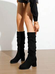 Women's New Western Boots Ruched Stacked Maillard Tall Boots Cowboy Riding Boots Knee-High Boots - Black - View 4