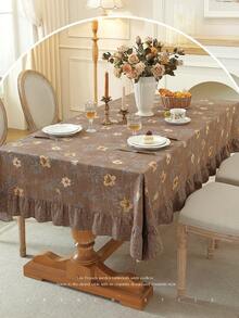 1pc Color Block Ruffle Edge Tablecloth, Floral Print, Autumn/Winter Vibe, Farmhouse Style, Suitable For Dining Table Decor, Picnic Tablecloth, Holiday Celebration, Party Gathering, Birthday Banquet, Daily Dining Table, Kitchen And Dining Room Decoration, All Seasons, Home Decor - Brown - View 4
