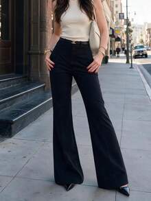 Women Casual Flare Pants With Pockets Dress Trousers For Office Work Fall Winter Outfits - Black - View 4