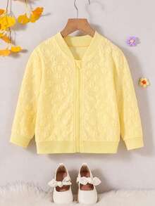 Girls' Casual Fashion Floral Textured Long Sleeve Zip-Up Jacket, Suitable For Daily Casual, Outdoor Activities And School Wear - Yellow - View 2
