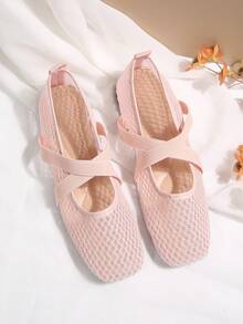 Women's Pink Square Toe Hollow Mesh Mary Jane Shoes, Low Vamp, Breathable, Cross Strap, Gentle Style, Flat Ballet Shoes - Pink - View 6
