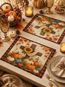 Autumn Thanksgiving Rustic Style Cross Sunflower Pumpkin Maple Leaf Plaid Table Runner Pillow Placemat Kitchen Dining Table Decor - Multicolor - View 5
