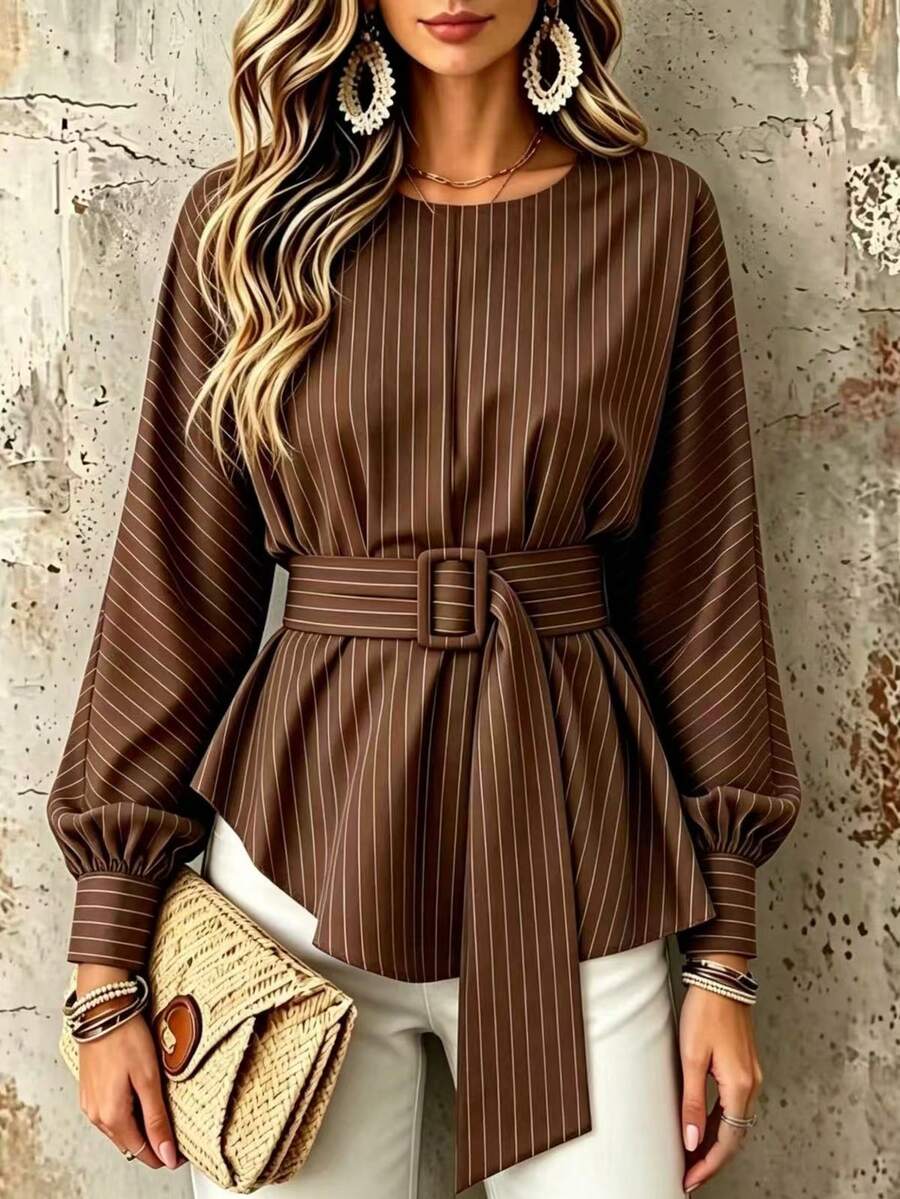 Fashion Women's Round Neck Woven Fine Striped Top With Belt And Asymmetric Hem, Long Sleeve Shirt Style, Suitable For Daily Wear - Brown - View 1