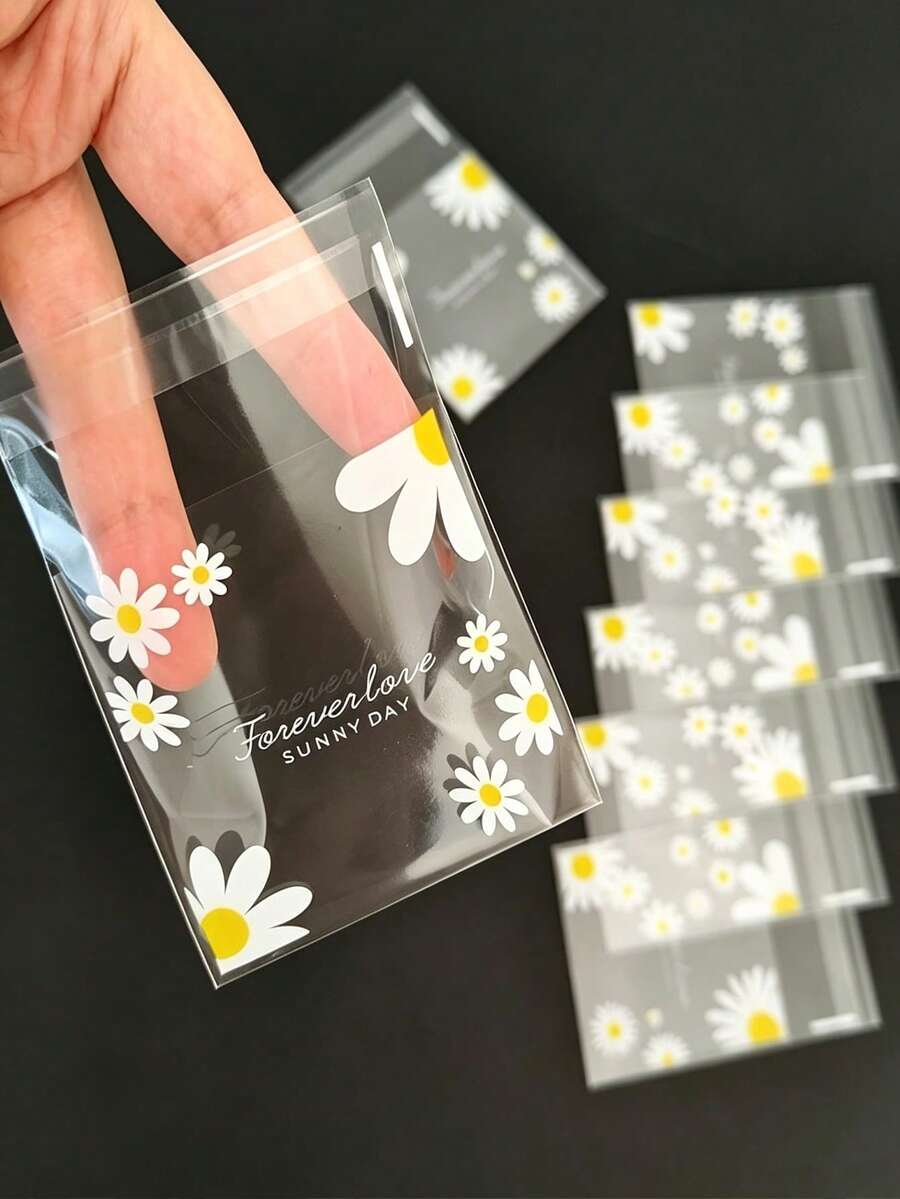 100pcs Transparent OPP Self-Adhesive Packaging Bags With Daisy Floral Print, Resealable Storage Bags For Jewelry, Candy, Handmade Gift Packaging, Small Business DIY Craft Party Favors - View 1